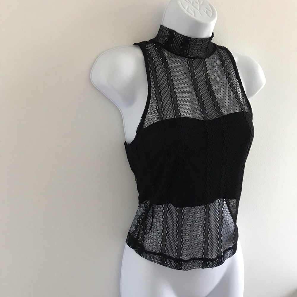 Dynamite Lace Sheer Choker Mock Neck Black Sleeveless Top with Camisole Tube Top - Picture 3 of 16